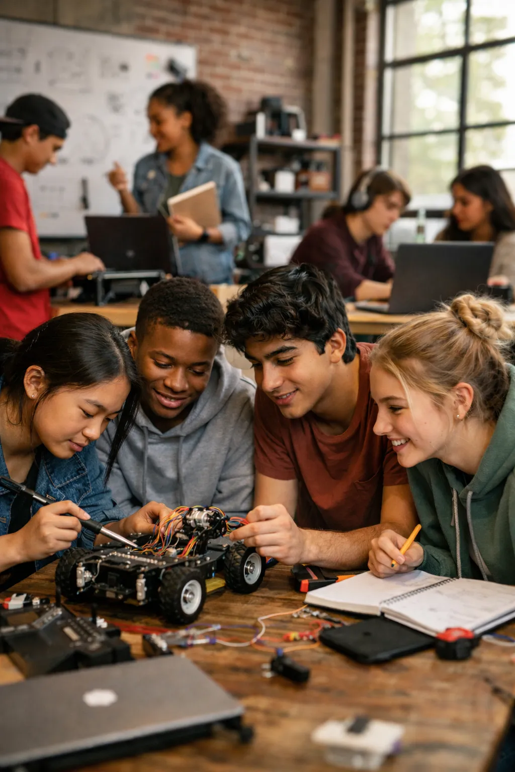 High school students working on laptops